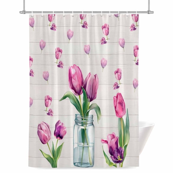 Shower Curtains for Bathroom-36"x72",Country Pink Tulips Glass Vase Waterproof Bath Curtain Grommet Shower Curtain Set with Hooks