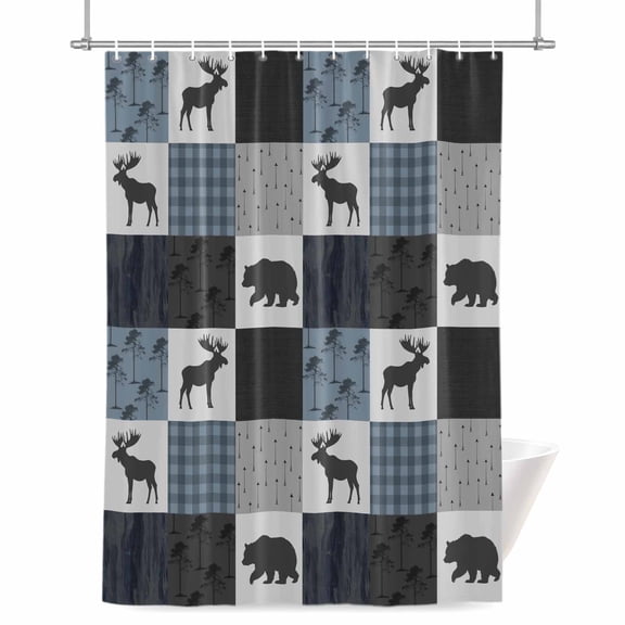 Shower Curtains for Bathroom-36"x72",Deer Bear Retro Grey Plaid Waterproof Bath Curtain Grommet Shower Curtain Set with Hooks