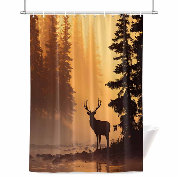Shower Curtains for Bathroom-36"x72",Deer Pine Trees Golden Light Waterproof Bath Curtain Grommet Shower Curtain Set with Hooks