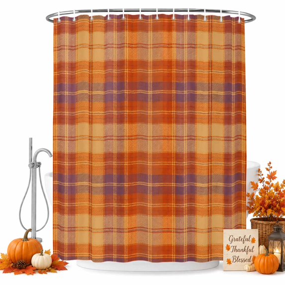 Shower Curtains for Bathroom-36"x72",Orange and Purple Plaid Waterproof Bath Curtain Grommet Shower Curtain Set with Hooks