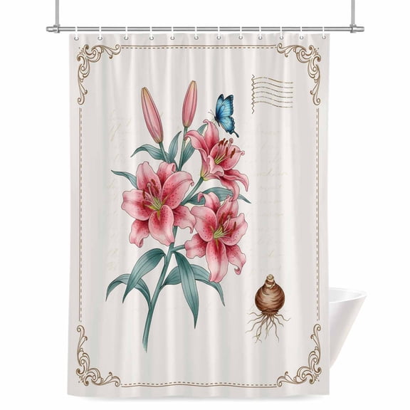 Shower Curtains for Bathroom-36"x72",Pink Lily Flower Butterfly on Beige Waterproof Bath Curtain Grommet Shower Curtain Set with Hooks
