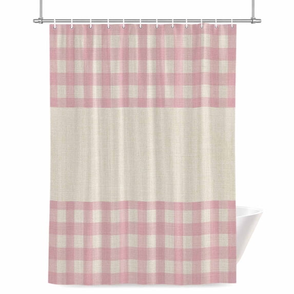 Shower Curtains for Bathroom-36"x72",Retro Linen Pink Buffalo Plaid Waterproof Bath Curtain Grommet Shower Curtain Set with Hooks
