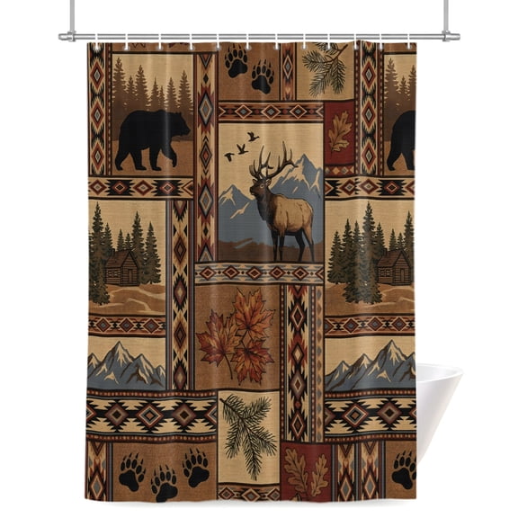 Shower Curtains for Bathroom-36"x72",Rustic Elk Bear Mountain Forest Waterproof Bath Curtain Grommet Shower Curtain Set with Hooks