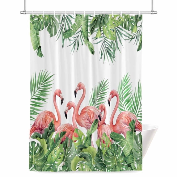 Shower Curtains for Bathroom-36"x72",Rustic Pink Flamingo Green Leaves Waterproof Bath Curtain Grommet Shower Curtain Set with Hooks
