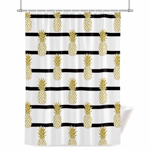 Shower Curtains for Bathroom-36"x72",Summer Gold Pineapple Black White Stripes Waterproof Bath Curtain Grommet Shower Curtain Set with Hooks