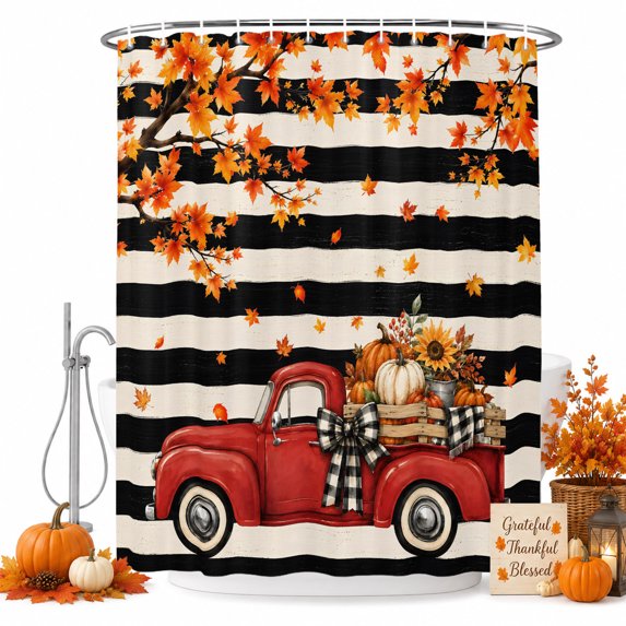 Shower Curtains for Bathroom-36"x72",Thanksgiving Pumpkins Red Truck Waterproof Bath Curtain Grommet Shower Curtain Set with Hooks