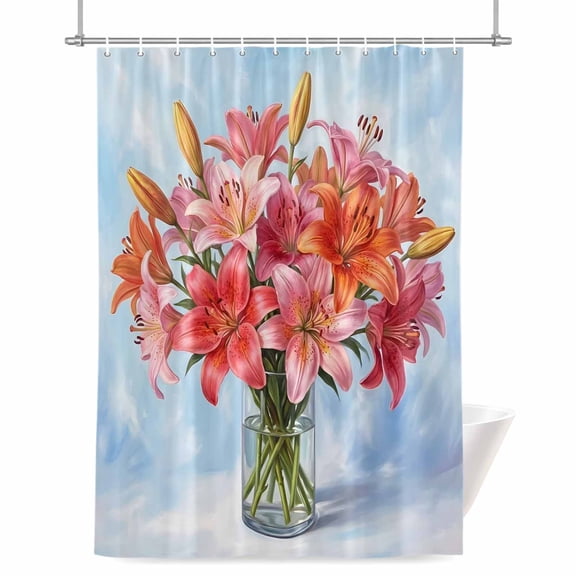 Shower Curtains for Bathroom-36"x72",Watercolor Pink Lily Floral Waterproof Bath Curtain Grommet Shower Curtain Set with Hooks