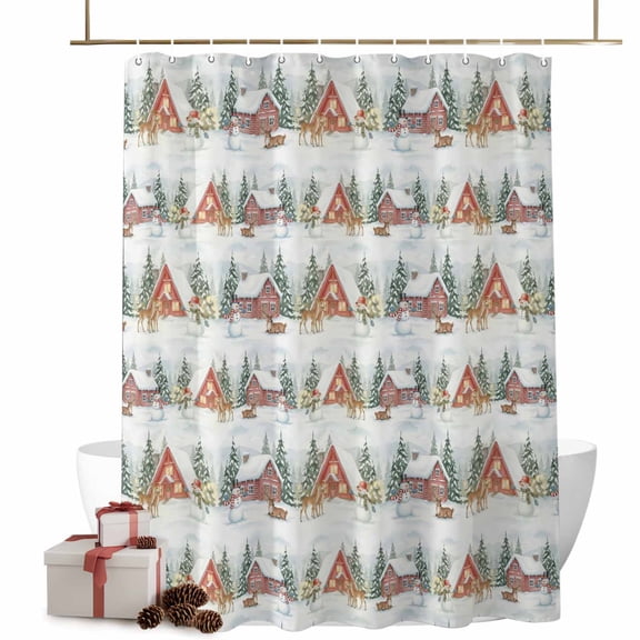 Shower Curtains for Bathroom-60"x72",Christmas Tree Elk Farm Barn Waterproof Bath Curtain Grommet Shower Curtain Set with Hooks