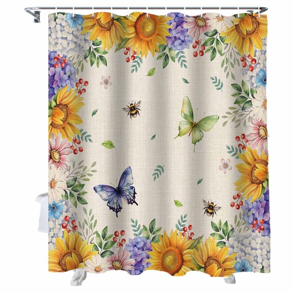 Shower Curtains for Bathroom-60"x72",Colorful Pastoral Flower Butterfly Waterproof Bath Curtain Grommet Shower Curtain Set with Hooks