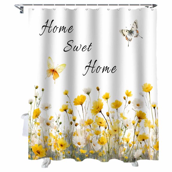 Shower Curtains for Bathroom-60"x72",Home Words Watercolor Flowers Butterflies Waterproof Bath Curtain Grommet Shower Curtain Set with Hooks