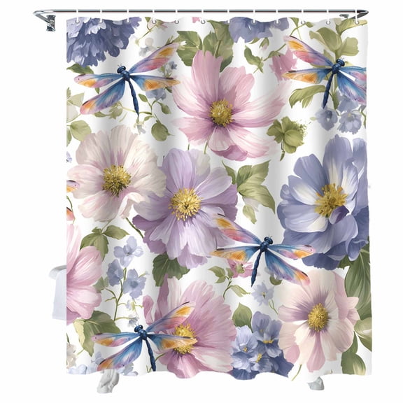 Shower Curtains for Bathroom-60"x72",Oil Painting Style Flowers Dragonfly Waterproof Bath Curtain Grommet Shower Curtain Set with Hooks