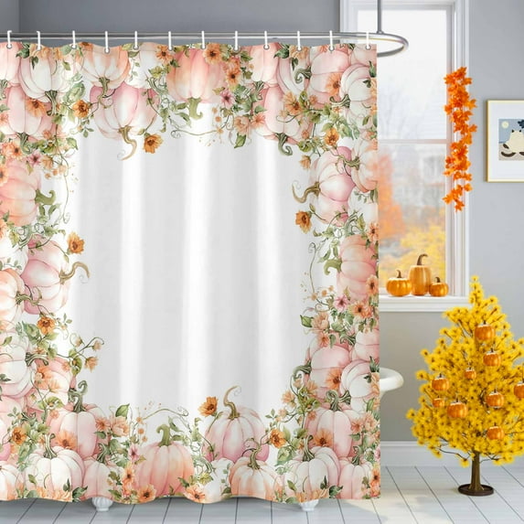 Shower Curtains for Bathroom-60"x72",Thanksgiving Autumn Pink Pumpkin Waterproof Bath Curtain Grommet Shower Curtain Set with Hooks