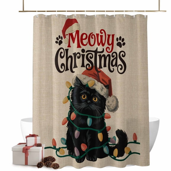 Shower Curtains for Bathroom-72"x84",Christmas Black Cat on Linen Waterproof Bath Curtain Grommet Shower Curtain Set with Hooks