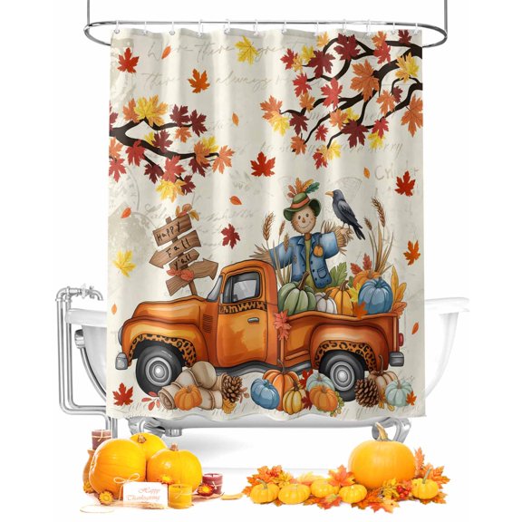 Shower Curtains for Bathroom-72"x84",Fall Thanksgiving Pumpkin Truck Waterproof Bath Curtain Grommet Shower Curtain Set