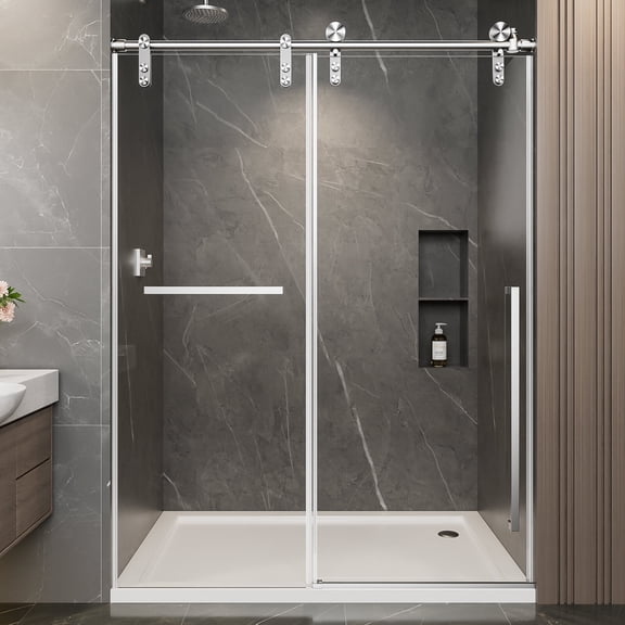 Shower Door 44"-48" W x 76" H Frameless Sliding Shower Door, Brushed Nickel Shower Screen, 5/16" (8mm) Clear Tempered Glass With Explosion-proof Film,Frameless Shower Door
