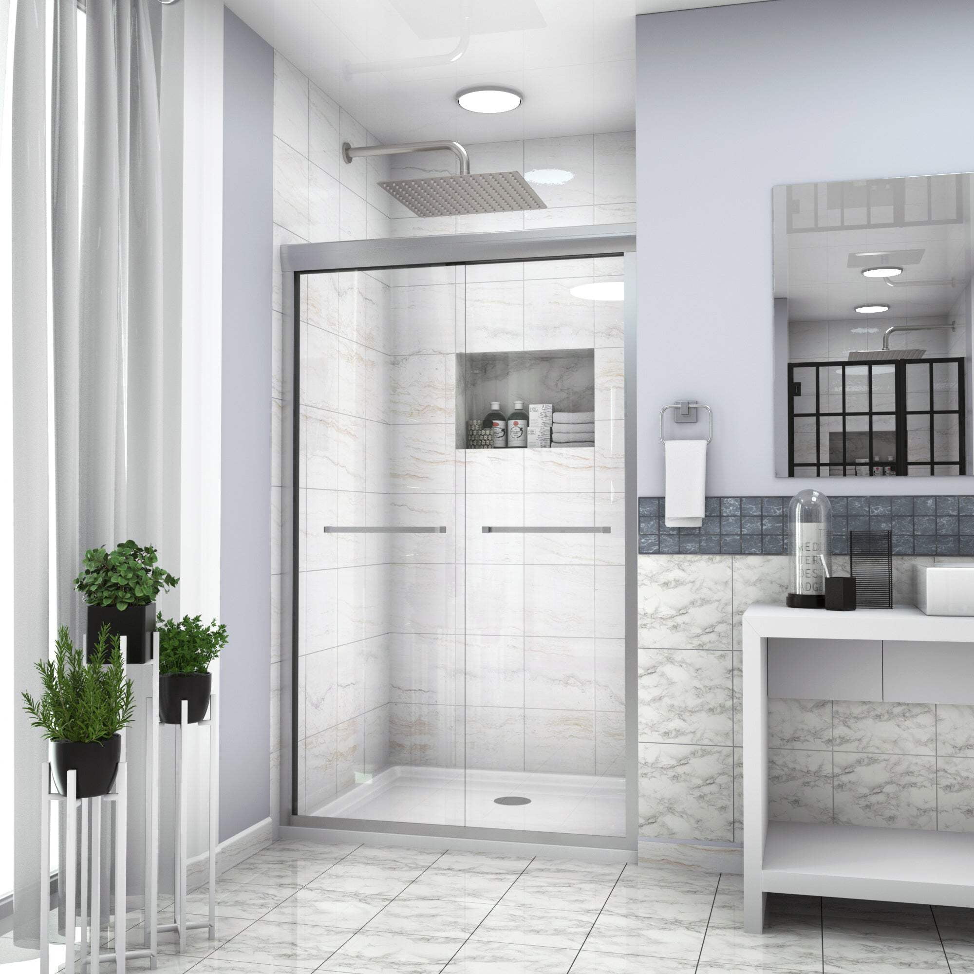 48" W x 76" H Brushed Nickel Semi-Frameless Sliding Shower Door