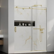 Shower Door, 56-60" W x 76" H Single Sliding Frameless Shower Door 5/16" (8mm) Clear SGCC Tempered Glass, Premium Stainless Steel Hardware, Nano Coating Glass, 3 Wheels Design Gold