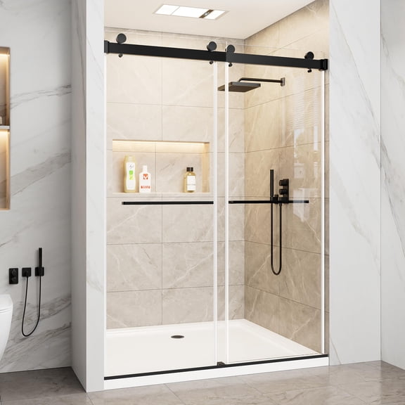 Shower Door 56-60" W x 78" H Semi Frameless Shower Doors, Double Sliding with 3/8"(10mm) Clear Tempered Glass (Matte Black)
