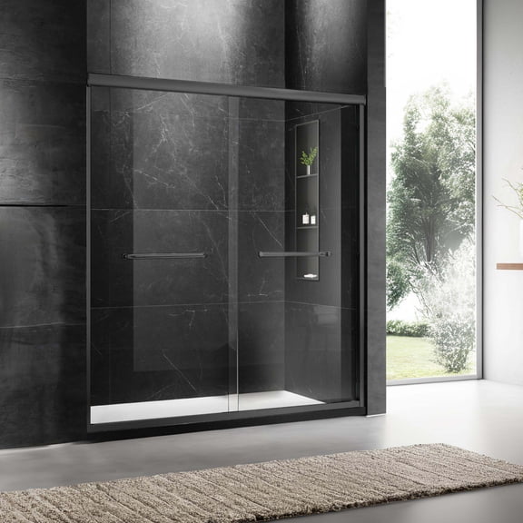 Shower Door 60'' W x 74'' H Door Sliding Frameless Shower Door with 6mm Tempered Glass LYM-02 Mat Black,Glass Shower Door