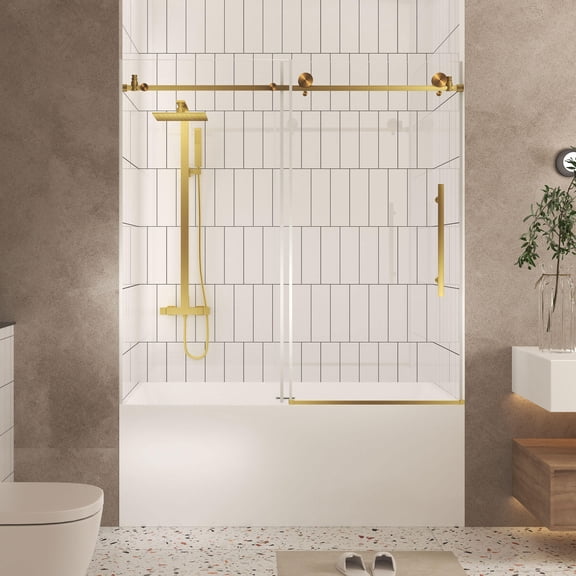 Shower Door Frameless shower door 56-60 "W x 60" H, 1/4 "(6 mm) Clear Tempered Glass, Explosion Proof Film, Stainless Steel Handle,Brushed Gold,Glass Shower Door
