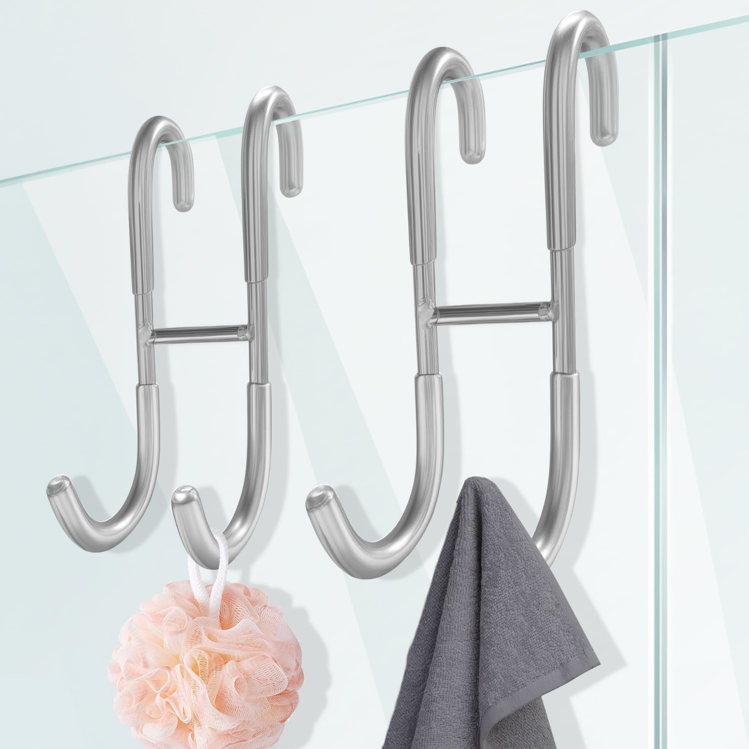 Shower Door Hooks for Towels & Squeegee - No Drill Bathroom Hooks for ...