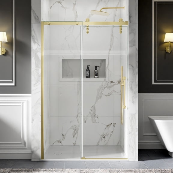 Shower Doors Sliding, 44-48"x76" Frameless Door Brushed Gold | ExBrite Elysian-R Series