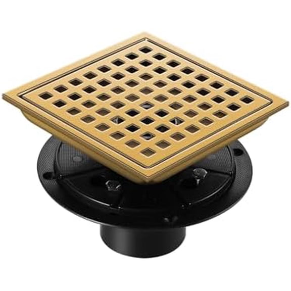 Shower Drain, Brushed Gold 6 inch Shower Floor Square Drain with Flange, Removeable Grid Panel SUS 304 Stainless Steel Square Shower Drain
