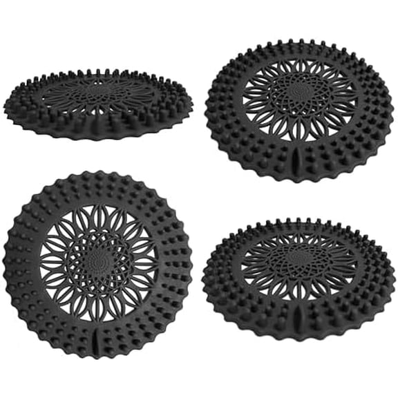 Shower Drain Cover Hair Catcher Shower Drain Hair Catcher, Silicone Hair Stopper for Bathtub Drain Bathroom Kitchen Sink, 4 Pack (Black)