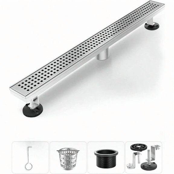 Shower Drain Linear Shower Drain 24 Inch Brushed Nickel Modern 304 Stainless Steel Shower Floor Drain With Grate Removable Adjustable Leveling Feet Rectangular Shower Drain
