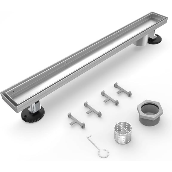 Shower Drain Offset for Bathroom: 24-Inch Brushed Nickel Linear Shower Drain with Removable Tile Insert Grate - 304 Stainless Steel Rectangular Shower Floor Drain Side Outlet with Hair Catcher