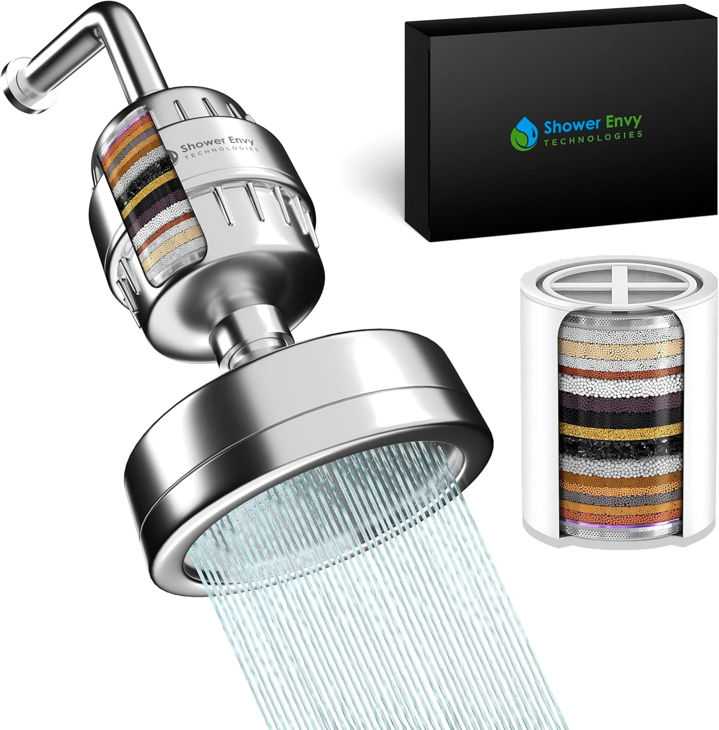 Shower Envy 5.0 Filtered Shower Head  15-Stage Water Softener with Vitamin C & E for Healthy Skin & Hair  High Pressure, Hard Water Purifier  Cartridge Included