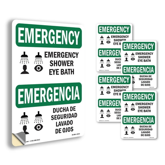 Shower Eye Bath Bilingual OSHA Emergency Vinyl Decal Label 14 Inch x 10 Inch - 5 Pack