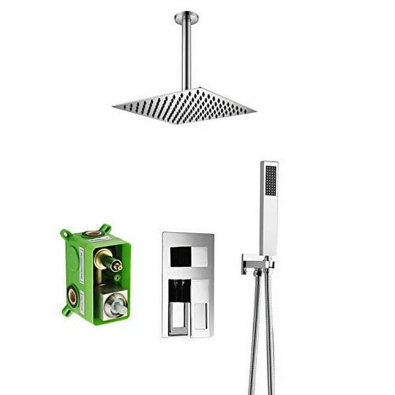 Sumerain Shower System Ceiling Mount with Rough-in Valve, Rain Showerhead and Hand Shower, Chrome Finish