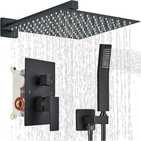 Shower Faucet Matte Black Shower System with 12 Inches Rain Shower Head and Handheld Spray Bathroom Luxury Rain Shower Faucet Set Complete Wall Mounted