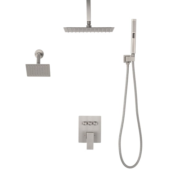 Shower Faucet Set 10 Inch Ceiling Mount Rainfall Shower System with 6 Inch Wall-Mounted Head and 2-in-1 Handheld Spray Rotatable 3-Function Dual Rain Head Brass Valve & Trim Kit Brushed Nickel