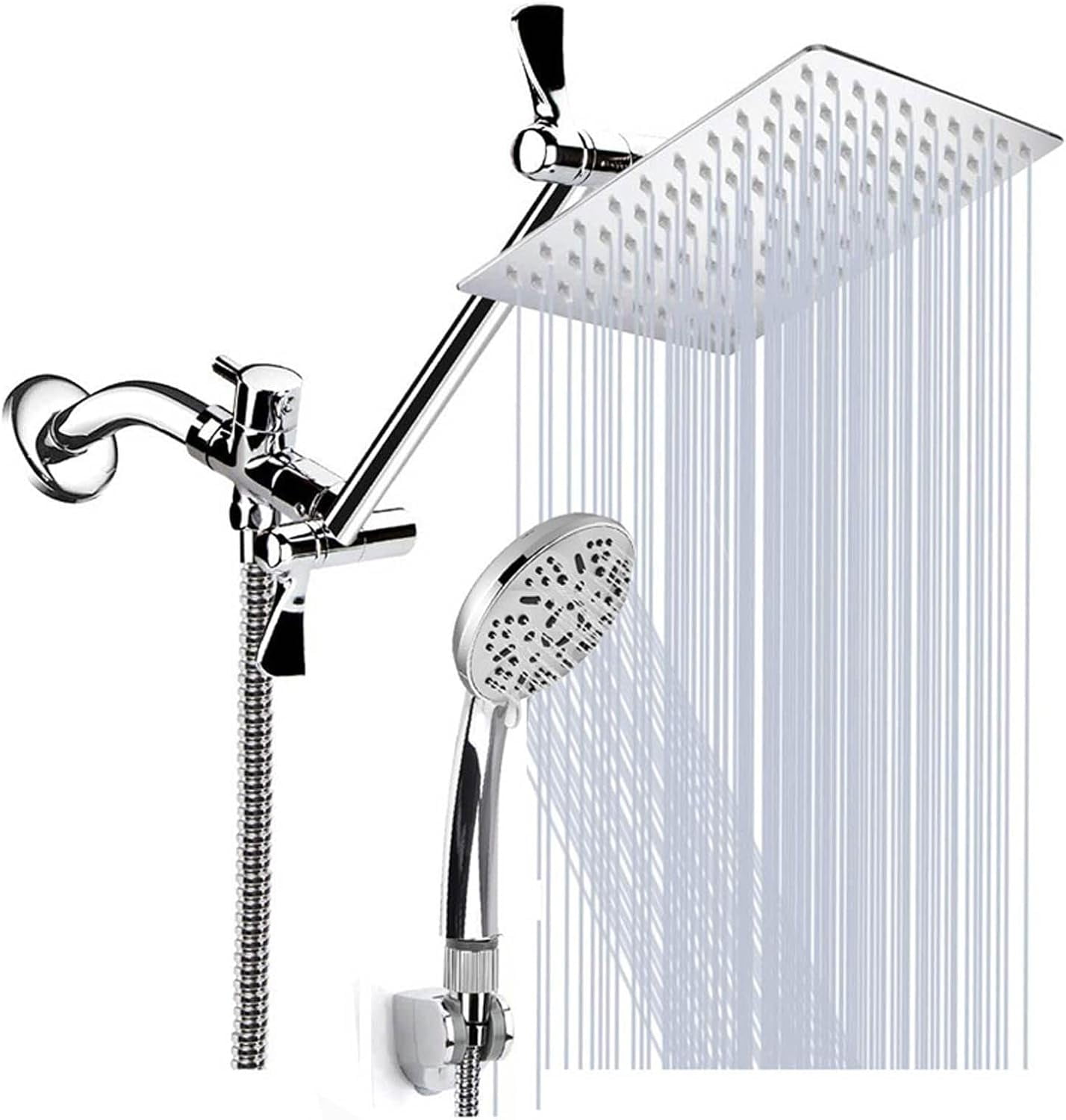 Shower Faucet Set, 8" High Pressure Rain Shower Head, Shower Head with 11 Inch Extension Arm, Dual Shower Head, Chrome Handheld Showerhead Combo, 9-Mode Handheld Shower Head with Holder/Hose
