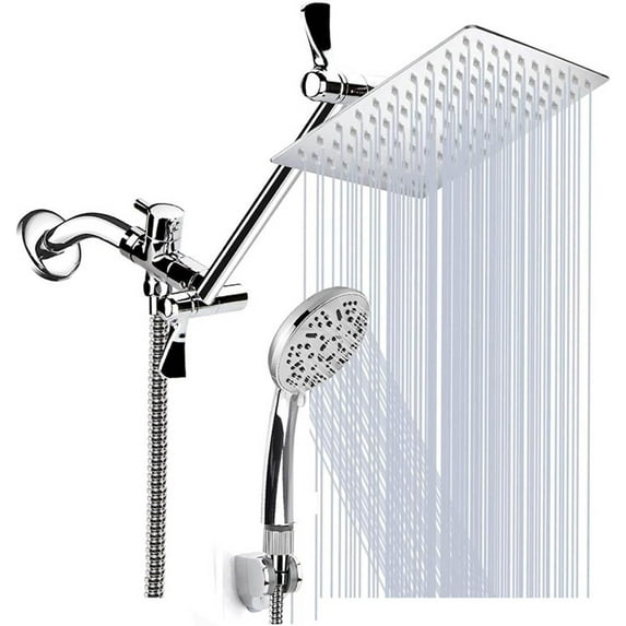 Shower Faucet Set, 8" High Pressure Rain Shower Head, Shower Head with 11 Inch Extension Arm, Dual Shower Head, Chrome Handheld Showerhead Combo, 9-Mode Handheld Shower Head with Holder/Hose