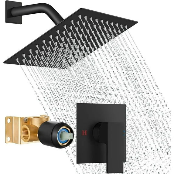 Shower Faucet Set Black Rain Shower Head Combo with Mixer Valve Kit Wall Mounted, Stainless Steel, Matte Black Finish