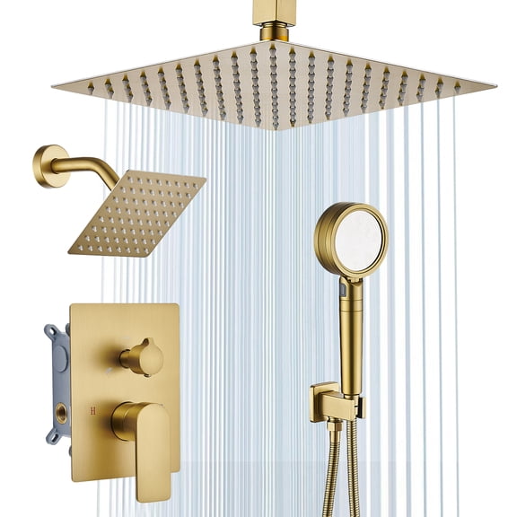Shower Faucet Set Brushed Gold Shower System Knob Switch Diverter with High Pressure Handheld Spray Wall Mount 10 Inch Shower Head with 6 Inch Wall Mount Shower Head
