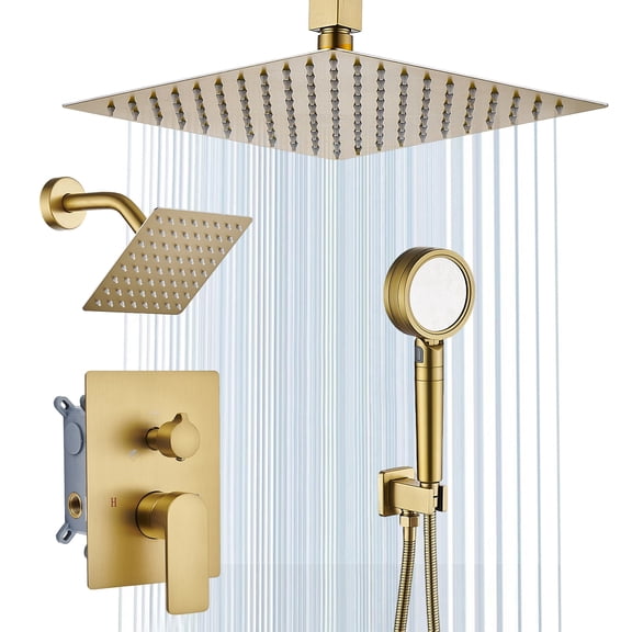 GOXIUHAN Shower Faucet Set Brushed Gold with High Pressure Handheld Sprayer Wall Mount 10 inch Shower Head &6 inch Wall Mount Shower Head