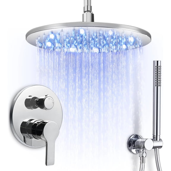 Shower Faucet Set Ceiling Mount 12 Inch LED Rain Shower Head with Handheld, Single Handle Round Rough-in Shower Valve Kit, Brass 3 Color Changing Showerhead, Polished Chrome