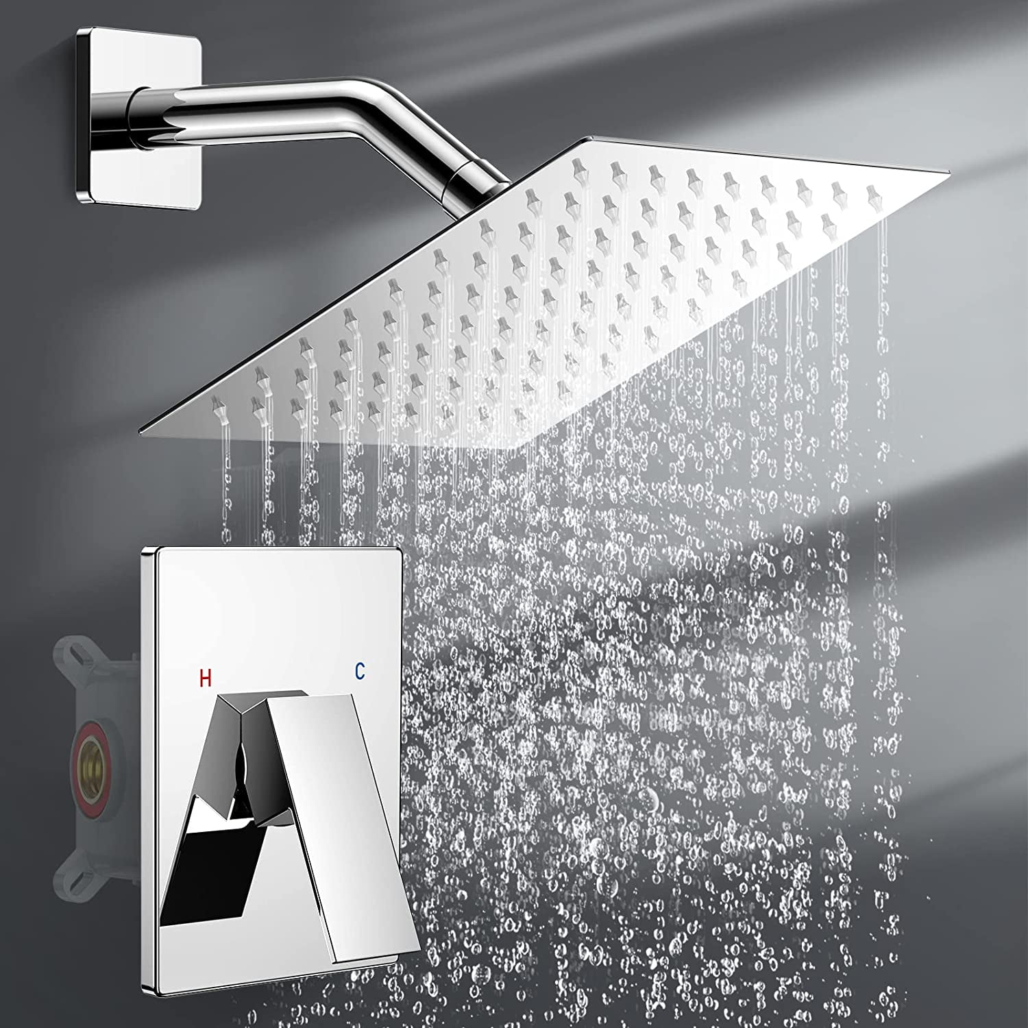 Shower Faucet Set, Chrome Rainfall Shower System, 8'' High Pressure Overhead Shower Head with