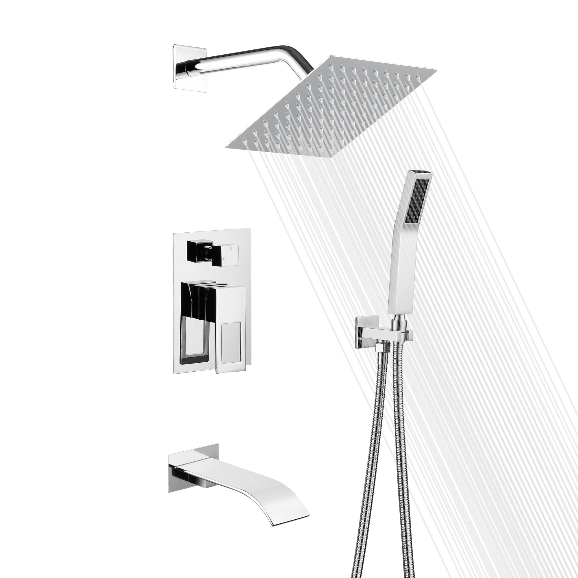 Chrome Multi-Head Rain Shower System with Handheld and Tub Spout