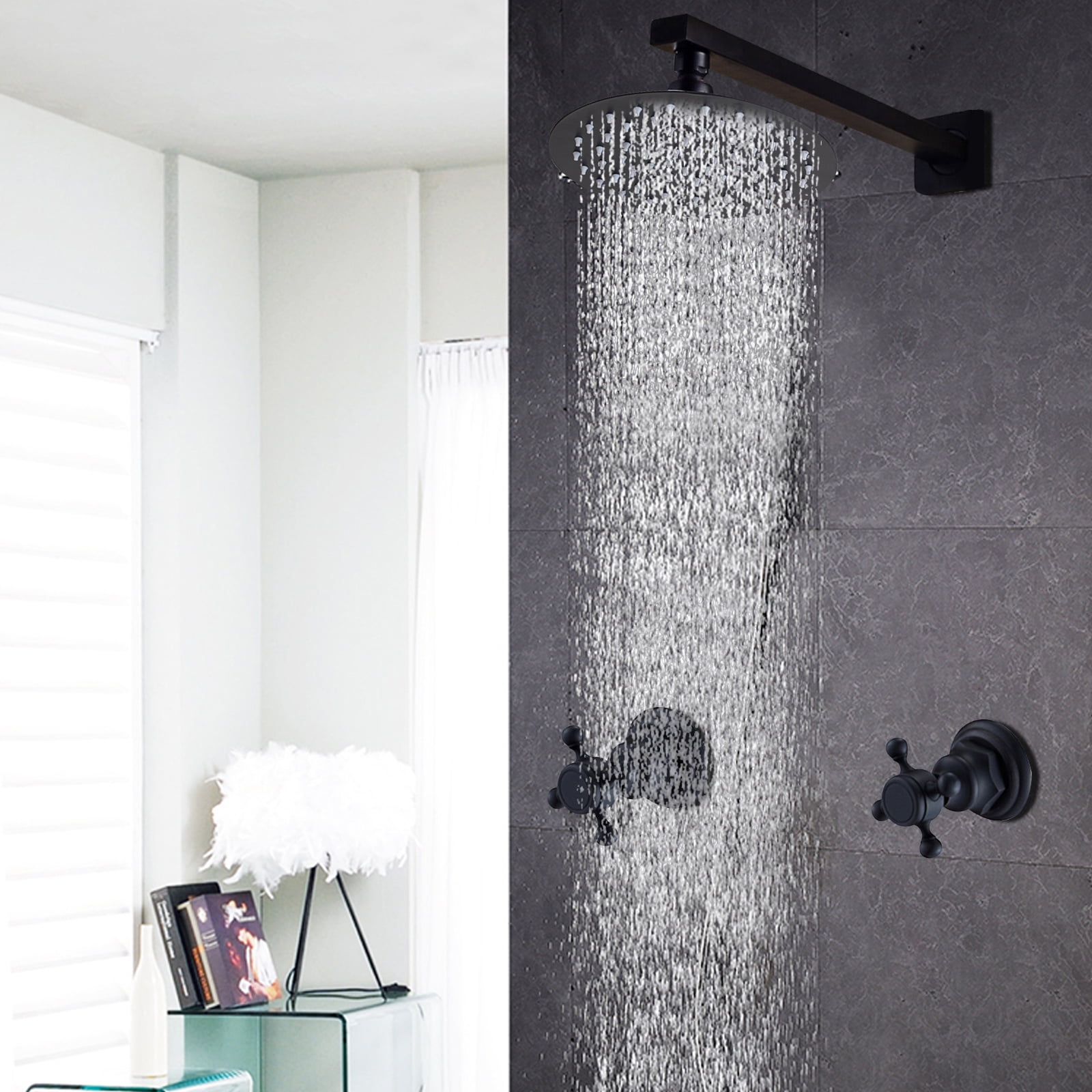Shower Faucet Set Rainfall Shower Head Combo System Wall Mount w/Mixer ...