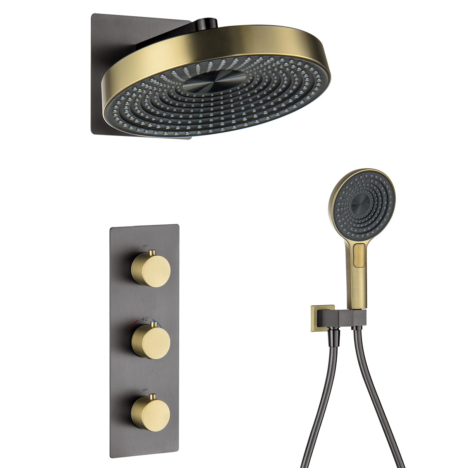 Shower Faucet Set Thermostatic Shower System Brushed Gold and Gun Gray Shower Kit with Valve and Shower Head, Wall Mounted Shower Head Sets with Handheld Shower Head