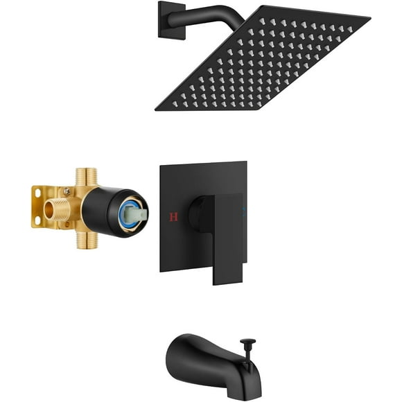 Shower Faucet Set with Tub Spout Bathtub Faucet Kit Complete Tub Shower Trim Kit with Solid Brass Rough-in Valve and 8 Inch Square Rainfall Showerhead Bent Shower Arm Matte Black