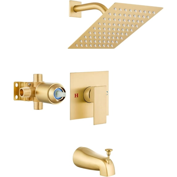Shower Faucet Set with Tub Spout Bathtub Faucet Kit Complete Tub Shower Trim Kit with Solid Brass Rough-in Valve and 8 Inch Square Rainfall Showerhead Bent Shower Arm Brushed Gold