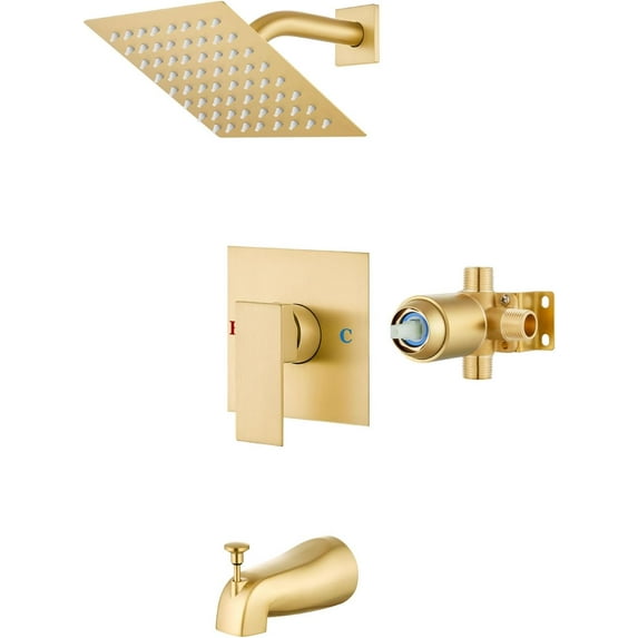 Shower Faucet Set with Tub Spout Bathtub Faucet Kit Shower Tub Faucet Set Complete Tub Shower Trim Kit with Solid Brass Rough-in Valve and 6 Inch Rainfall Square Showerhead Brushed Gold