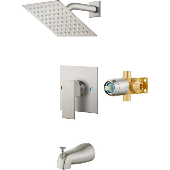 Shower Faucet Set with Tub Spout Bathtub Faucet Kit Shower Tub Faucet Set Complete Tub Shower Trim Kit with Solid Brass Rough-in Valve and 6 Inch Rainfall Square Showerhead Brushed Nickel
