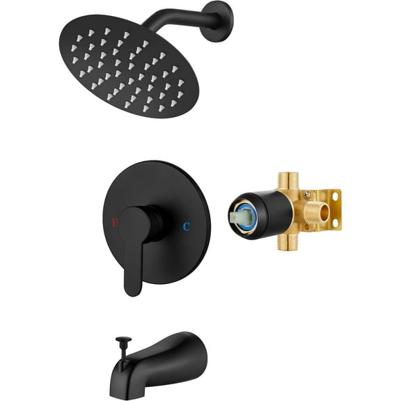 Shower Faucet Set with Tub Spout,Bathtub Faucet Set Complete,Round Rainfall Shower Head,Tub and Shower Trim Kit with Solid Brass Rough-In Valve,6 Inch-Matte Black